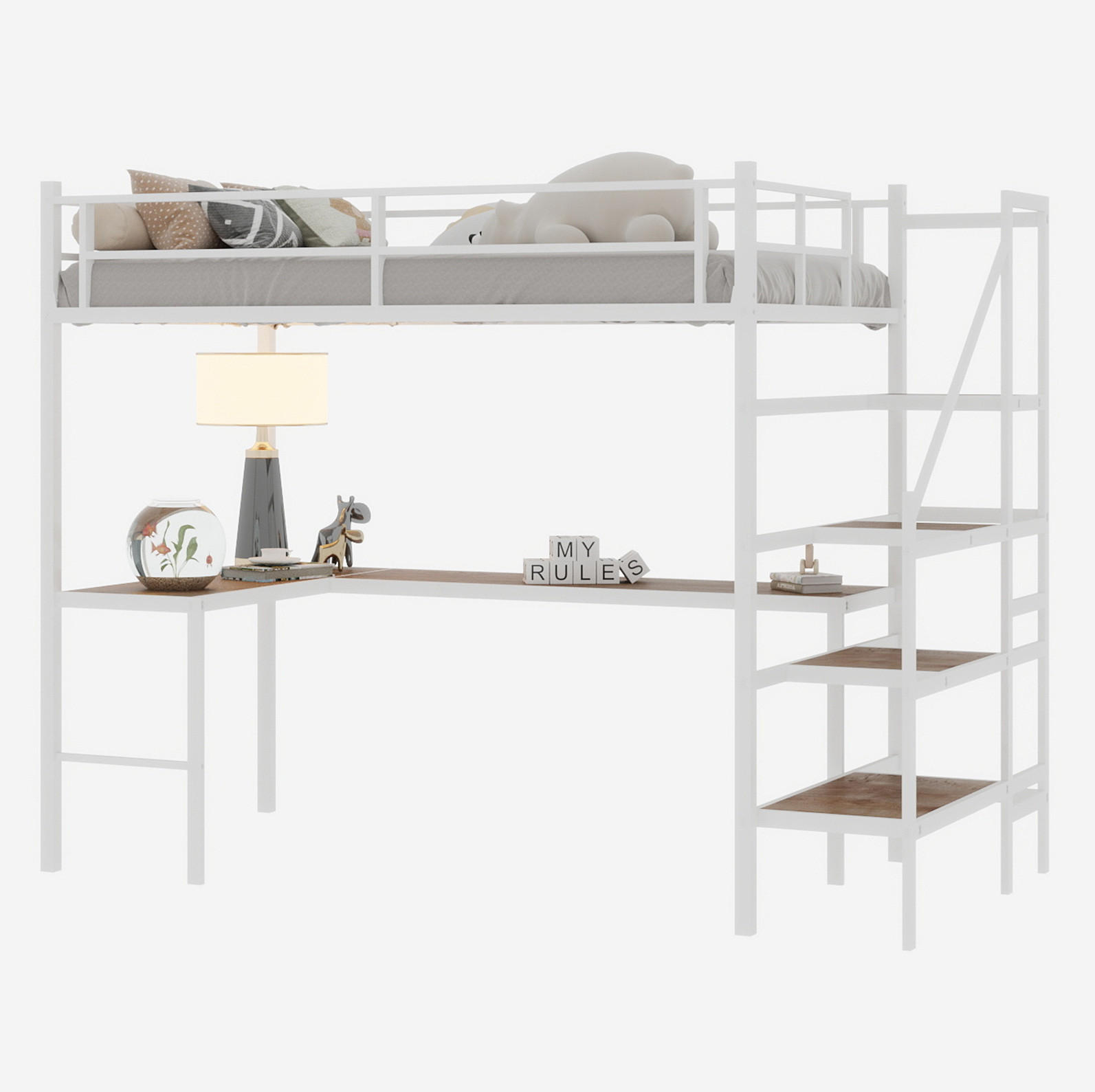 HOCHBETT 90/180 cm weiß aus Eisen mit L-Schreibtisch und Treppe - Weiß, Metall (90/200cm) - OKWISH