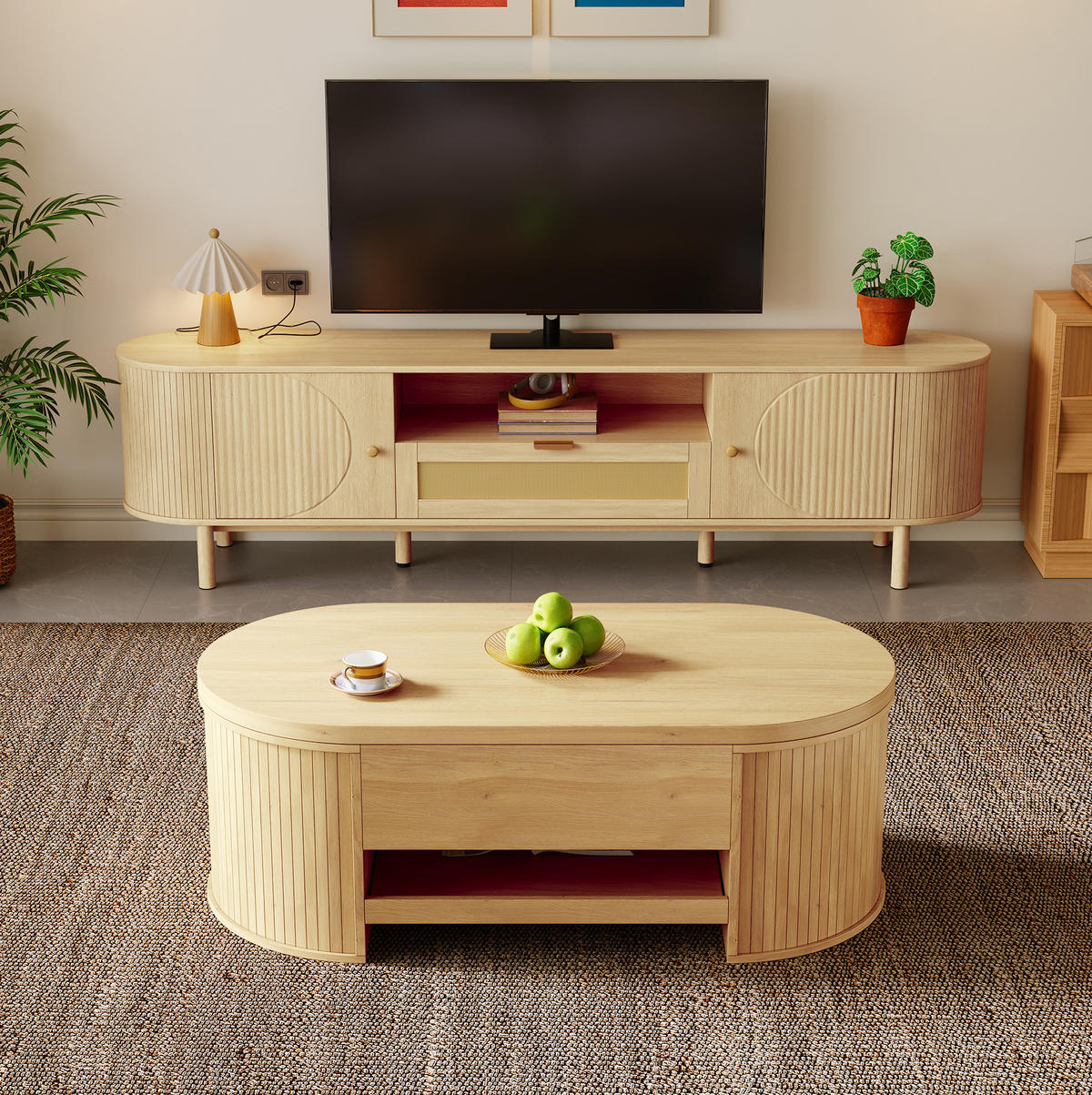 WOHNZIMMERMÖBEL-SET mit höhenverstellbarem Couchtisch und TV-Schrank Natural 2-tlg. - Braun, Holzwerkstoff (36/51/175.1cm) - Beauniv