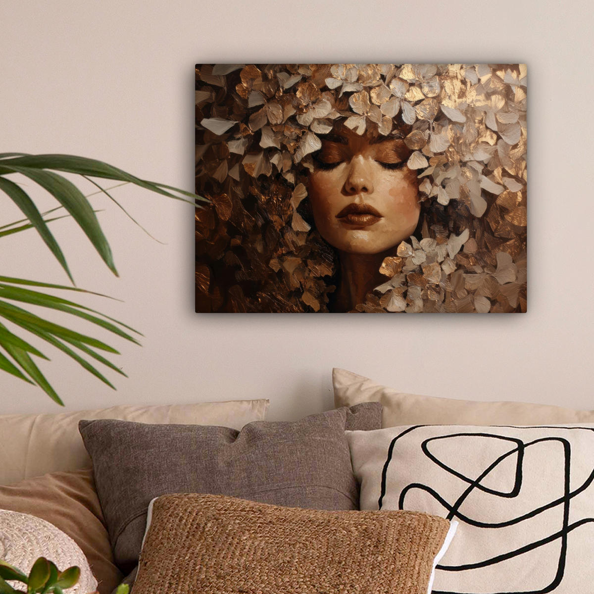 LEINWANDBILD Gesicht - Dame - Blätter - Pinselstriche Wandbild 40x30 cm - Goldfarben, Textil (40/30cm) - MuchoWow