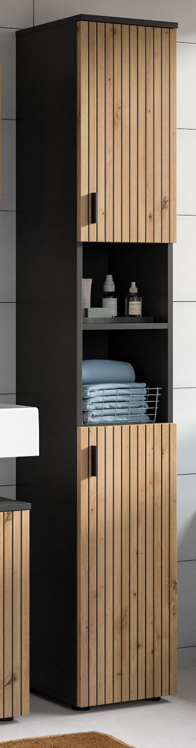 HOCHSCHRANK Eiche Artisan, grau 30 x 192 cm, Badschrank mit 6 Fächern - Schwarz/Eiche Artisan, Holzwerkstoff/Kunststoff (30/192/30cm) - Inn.Furn