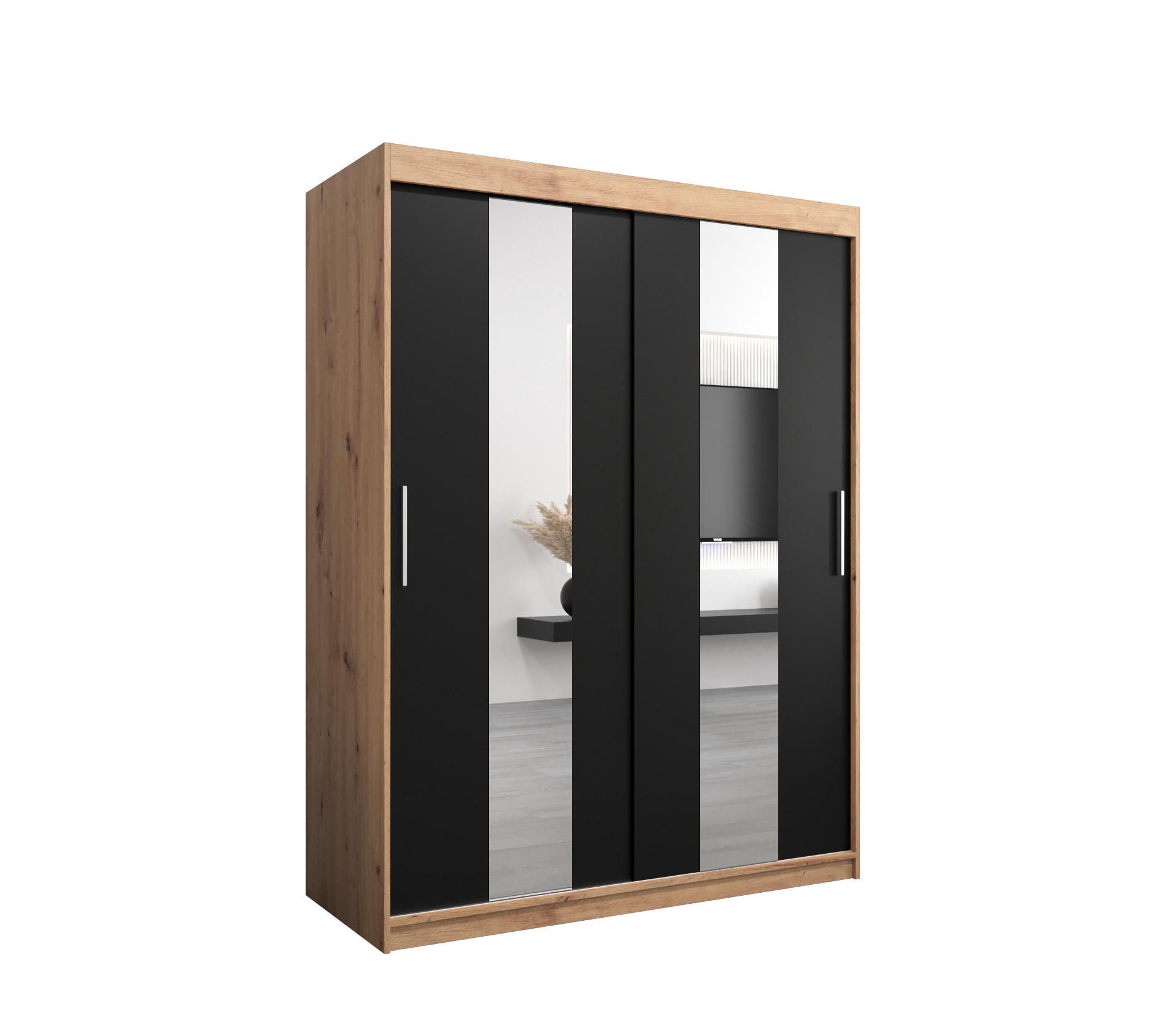 Abiks Möbel Schwebetürenschrank Eiche Artisan, Schwarz 150x200x62 cm