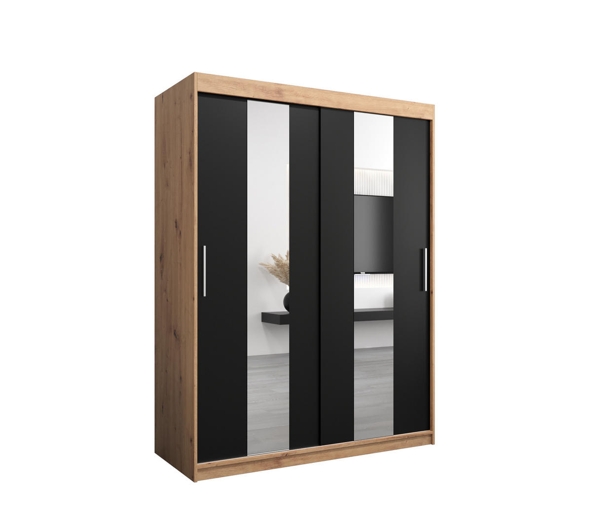 SCHWEBETÜRENSCHRANK 200/150/62 2-türig - Silberfarben/Schwarz, Holz/Kunststoff (150/200/62cm) - Abiks Möbel