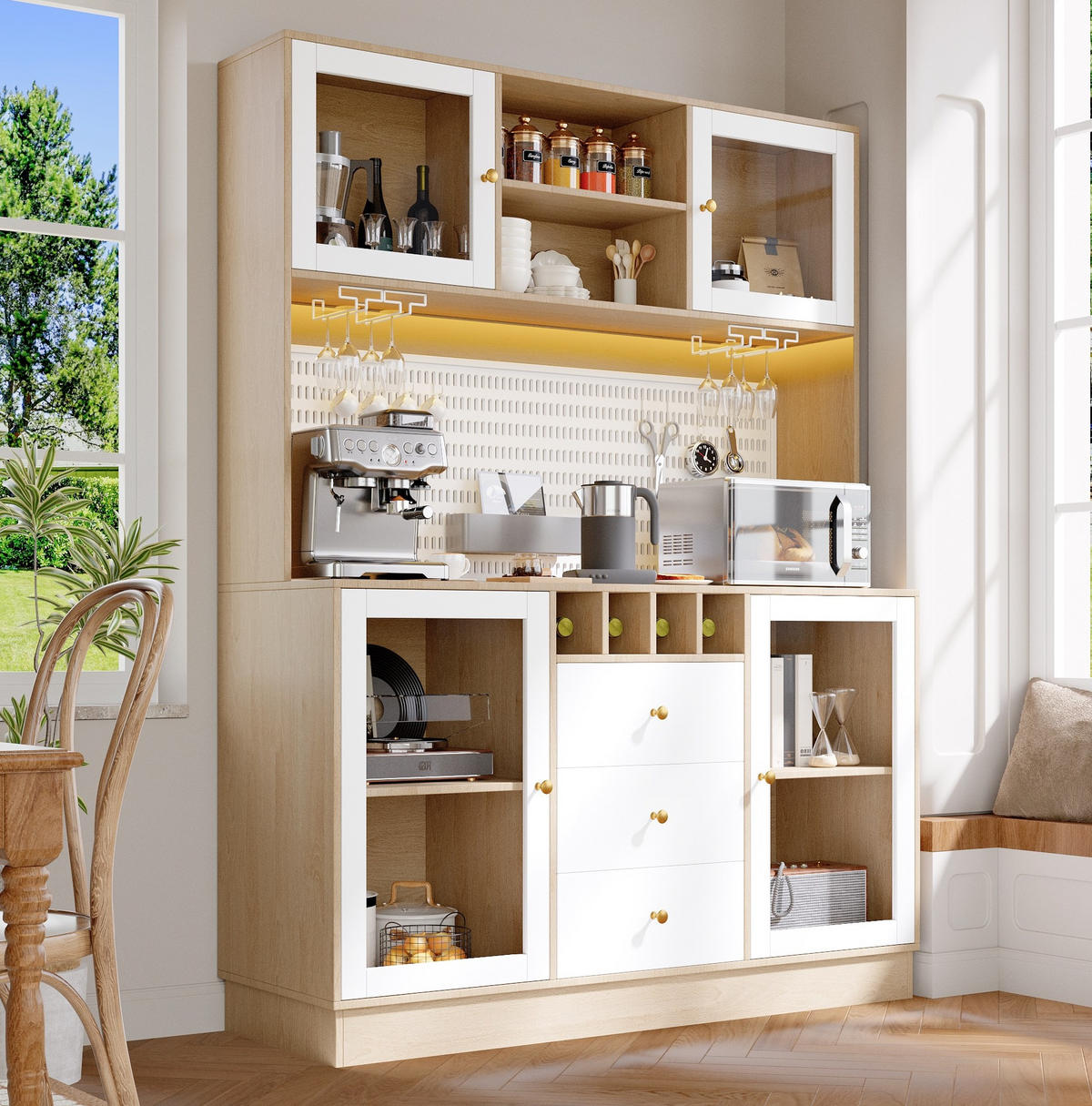 HIGHBOARD in Weiß Küchenschrank mit LED-Lichtleiste und Schubladen für Küche und Wohnzimmer, B140/T40/H185.7 cm - Transparent/Weiß, Glas/Holzwerkstoff (140/185.7/40cm) - STILVORA