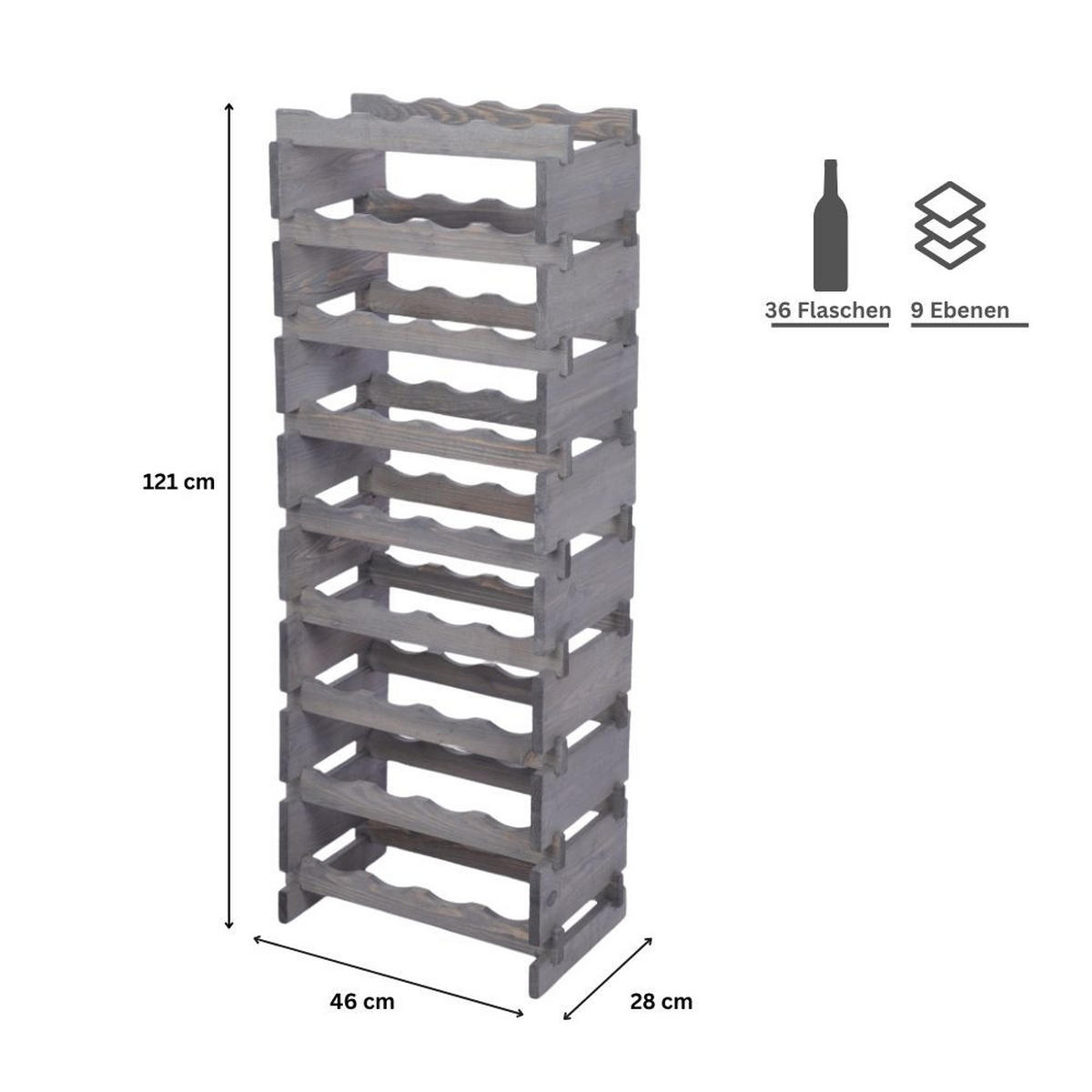 WEINREGAL VINOTECA FLEX PRO HxBxT 121x46x28cm 36 Flaschen auf 9 Ebenen Grau - Grau, Holz (46/121/28cm) - PROREGAL