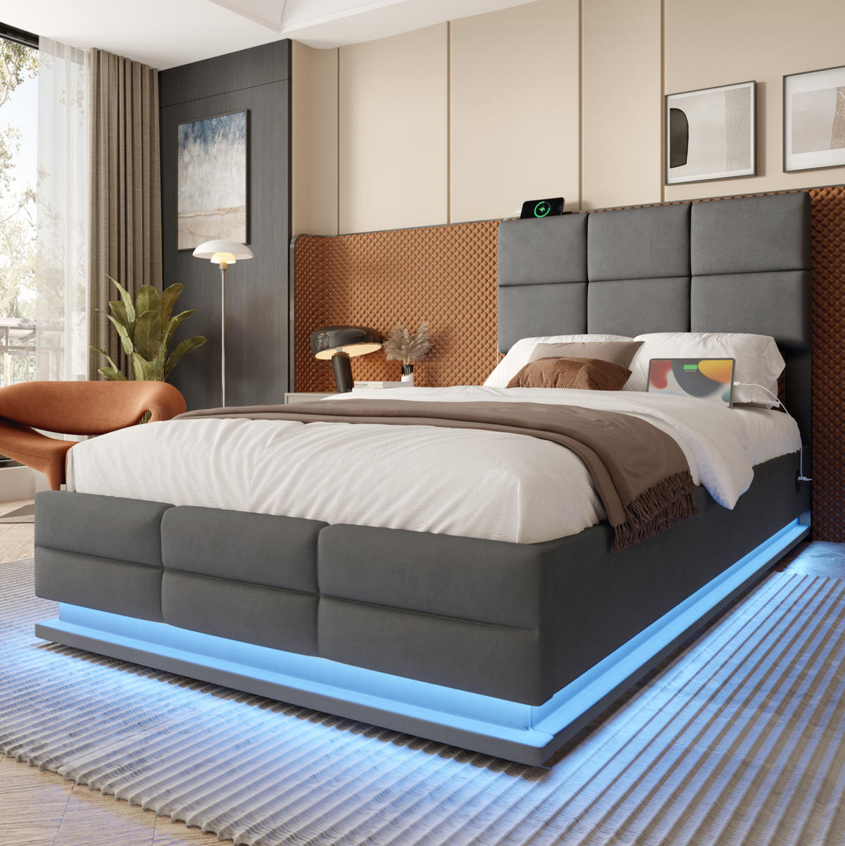 BETT mit Stauraum und LED 90x200 cm Samt Dunkelgrau - Dunkelgrau, Metall (90/200cm) - Meubliv