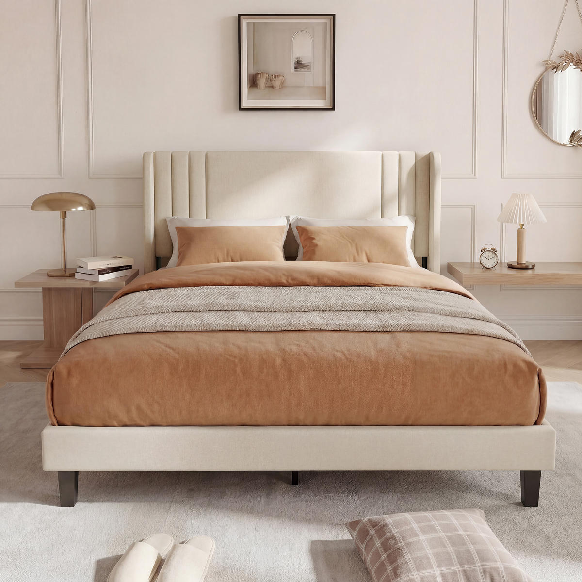 POLSTERBETT 160x200 cm Kopfteil Lattenrost Stoff beige modern - Beige, Holz (160/200cm) - LEBENLANG