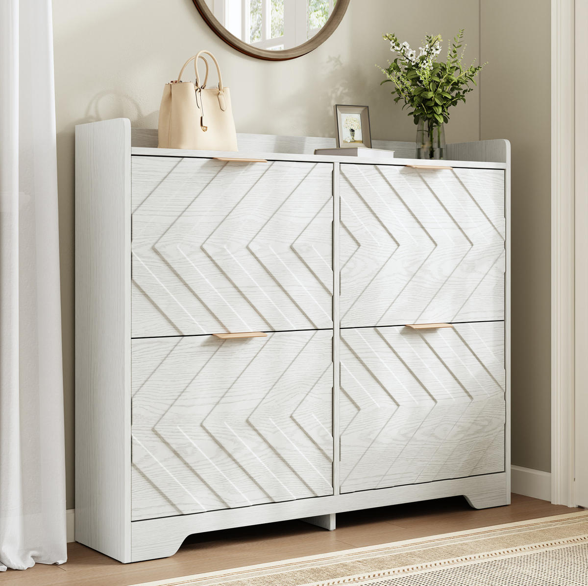 SCHUHSCHRANK mit 4 Klappen 105/24/90 cm in Weiß, platzsparend mit 3D-Strukturfront - Weiß, Holzwerkstoff (105/90/24cm) - BEAOK
