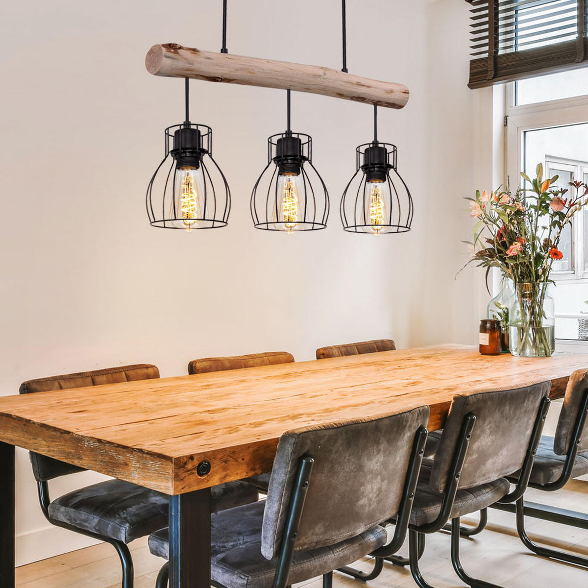 HÄNGELEUCHTE Metall Braun Holzoptik - Braun, Holz (60/13.6/140cm)