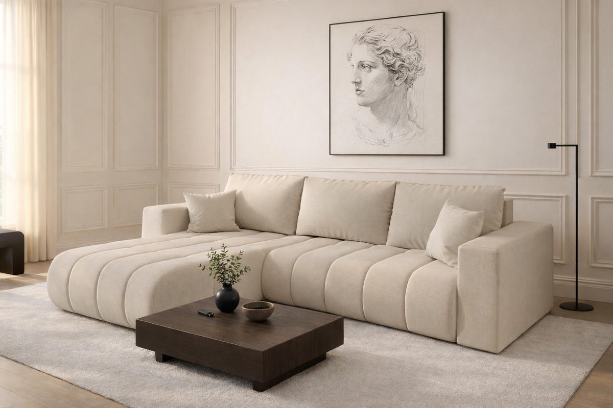 ECKSOFA mit schlaffunktion und bettkasten MILO PREMIUM, stoff WIND, Beige, Links - Beige, Holz (280/190cm) - Kaiser Möbel