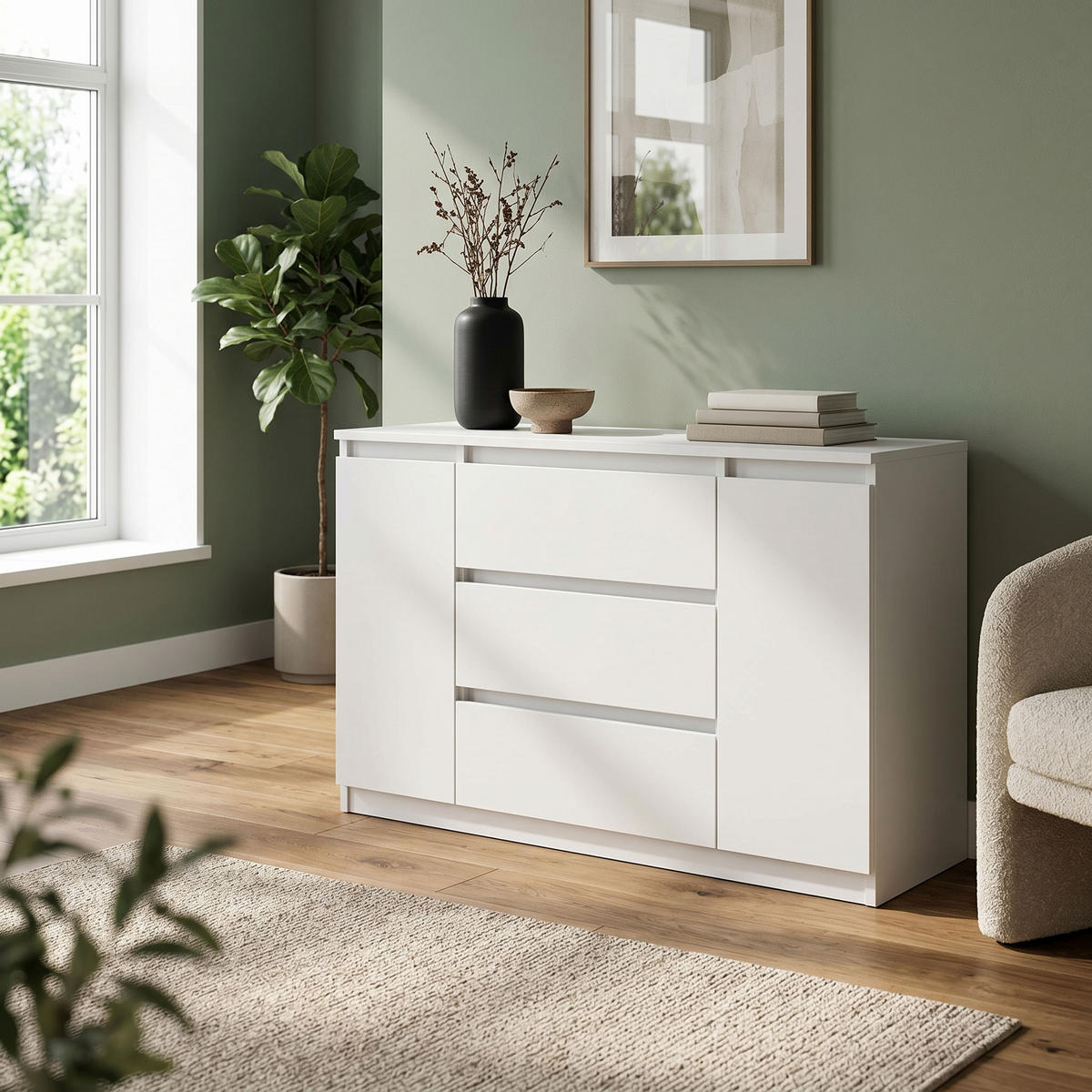 KOMMODE NUDO 138,5/78,2/39cm mit 3 Schubladen 2 Türen Weiß - Weiß, Holzwerkstoff (138.5/78.2/39cm) - MASSENO
