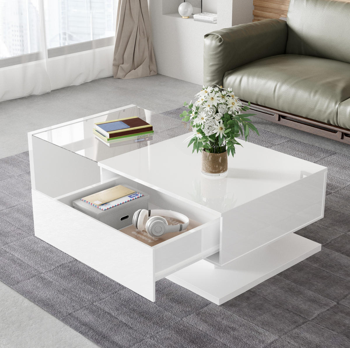 COUCHTISCH, Hochglanz-Weiß mit gehärtetem Glas und 16‑farbiger dimmbarer LED, 105/55/32,5 cm,Weiß - Weiß, Holzwerkstoff (105/55/32.5cm) - Redom