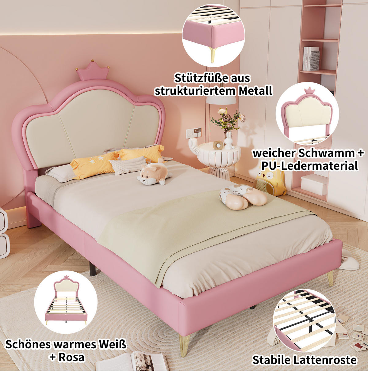 POLSTERBETT 90/200 cm Rosa/Weiß mit Krone ohne Matratze - Rosa, Textil (90/200cm) - MIVRAY