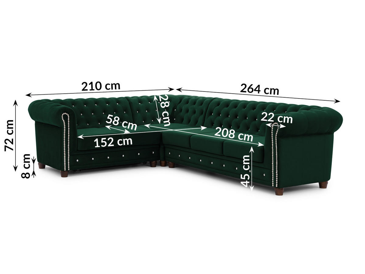 ECKSOFA mit Schlaffunktion Chesterfield Flasche Grün Samt mit Kristallsteppung und braunen Massivholzfüßen - Ottomane Links - Braun/Grün, Holz/Textil (264/210cm) - S-Style Möbel