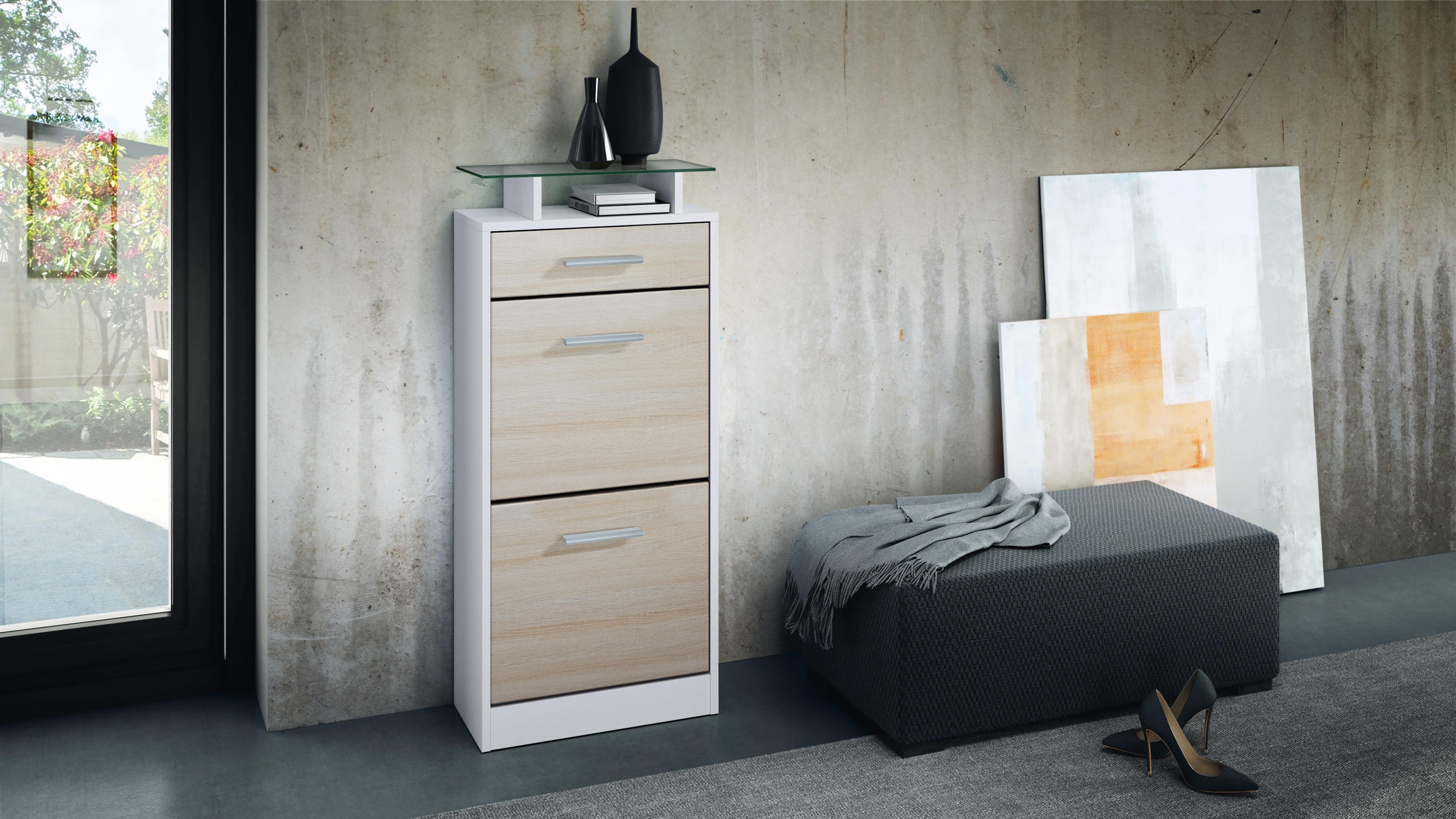 SCHUHSCHRANK Loret Front in Eiche sägerau - Eiche San Remo, Holzwerkstoff (46/104/23cm) - Vladon