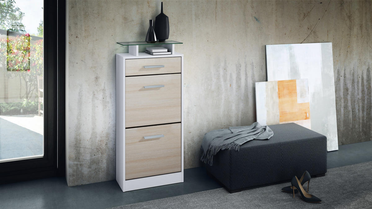 SCHUHSCHRANK Loret Front in Eiche sägerau - Eiche San Remo, Holzwerkstoff (46/104/23cm) - Vladon