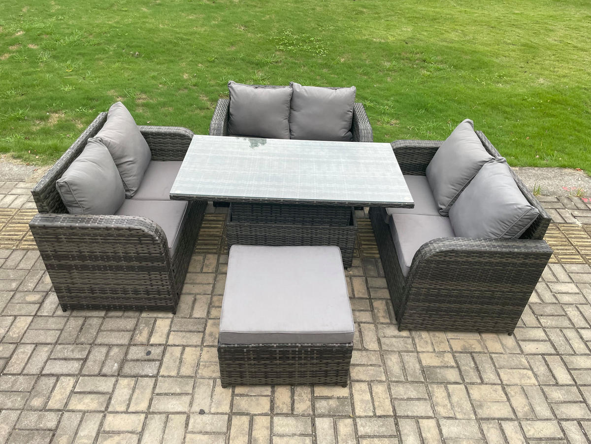GARTENSOFA SET Polyrattan Dunkelgrau 7-Sitzer - Dunkelgrau, Metall - Fimous