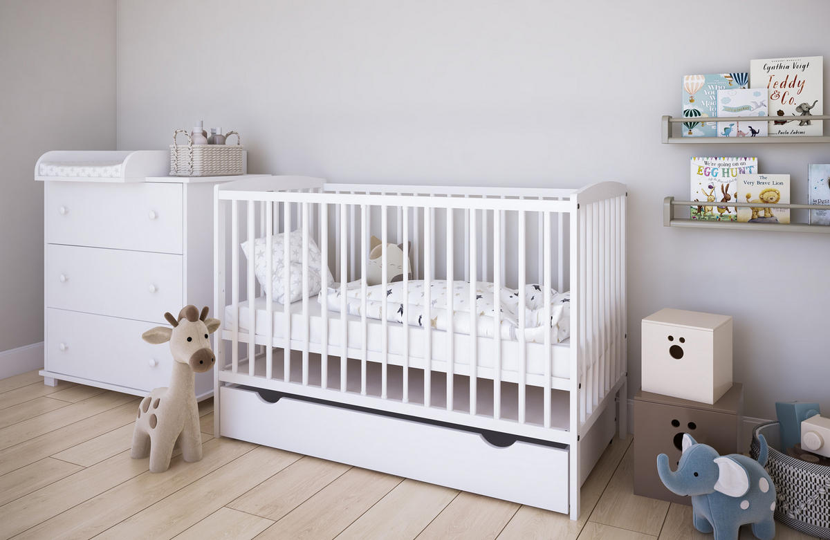 BABYBETT Elva 2in1 mit Matratze und Schublade - Weiß, Holz - kiki design