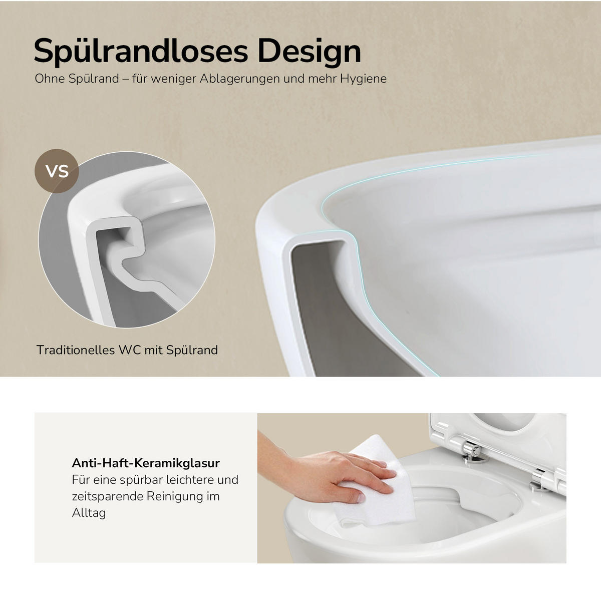WAND-WC Set ohne Spülrand 49 x 37 cm inkl. WC-Sitz mit Absenkautomatik weiß glänzend - Weiß, Keramik (37/36/49cm) - EMKE