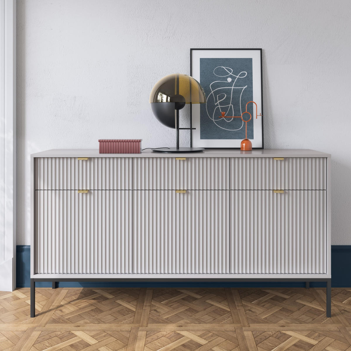 GRAUE Moderne Geriffelte Kommode KIOTO K3D3SZ (Schwarzes Gestell, Soft-Close Türen) - Goldfarben/Schwarz, Holz/Holzwerkstoff (154/83/39cm) - Ravio