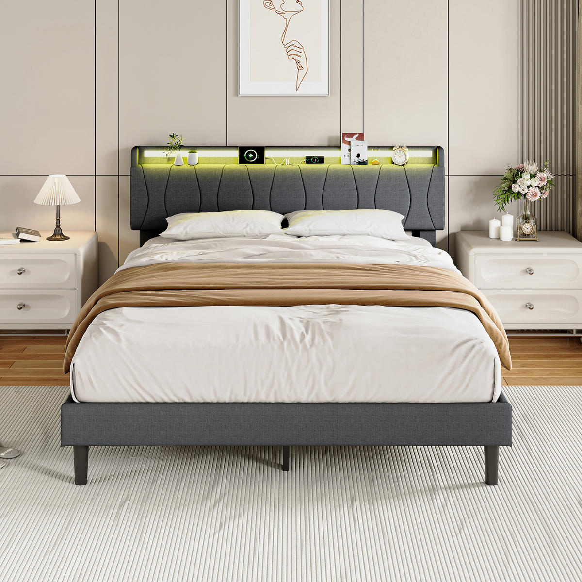 DOPPELBETT 160x200 cm mit lattenrost, polsterbett mit USB und LED, leinenstoff, grau - Grau, Holz/Metall (160/200cm) - GENKI LIVING