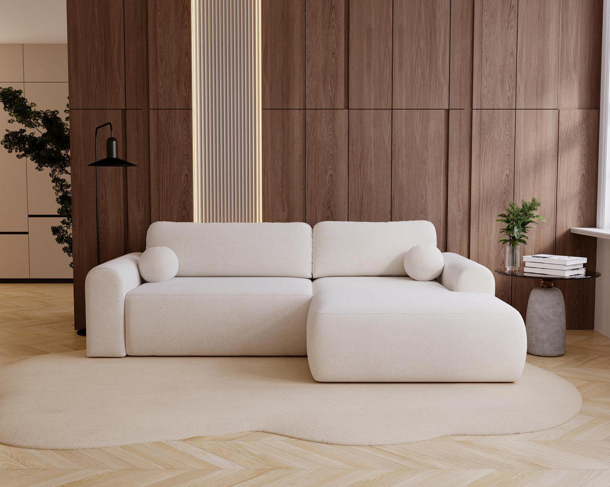 ECKSOFA Aurora Weiß, mit Schlaffunktion in Lambi Stoff, rechte seite - Weiß, Holzwerkstoff/Textil (257/177cm) - Bettso