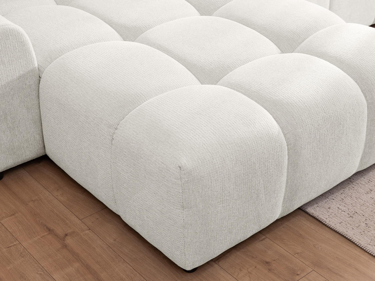 ECKSOFA Bubble mit losen Rückenkissen und Sitzfläche in Bubble-Optik aus weichem Creme Strukturstoff mit schöner Sitzkomfort - Ottomane links - Creme/Schwarz, Holz/Kunststoff (180/306cm) - S-Style Möbel