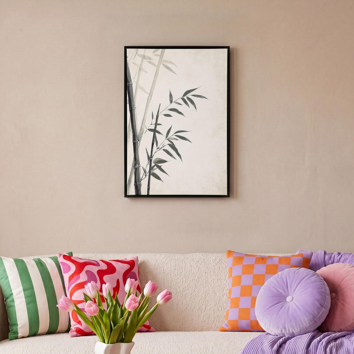 LEINWAND Bilder mit Rahmen - Japandi - Bambus - Beige - 40x60 - Eukalyptusholzfarben, Textil (40/60cm) - MuchoWow