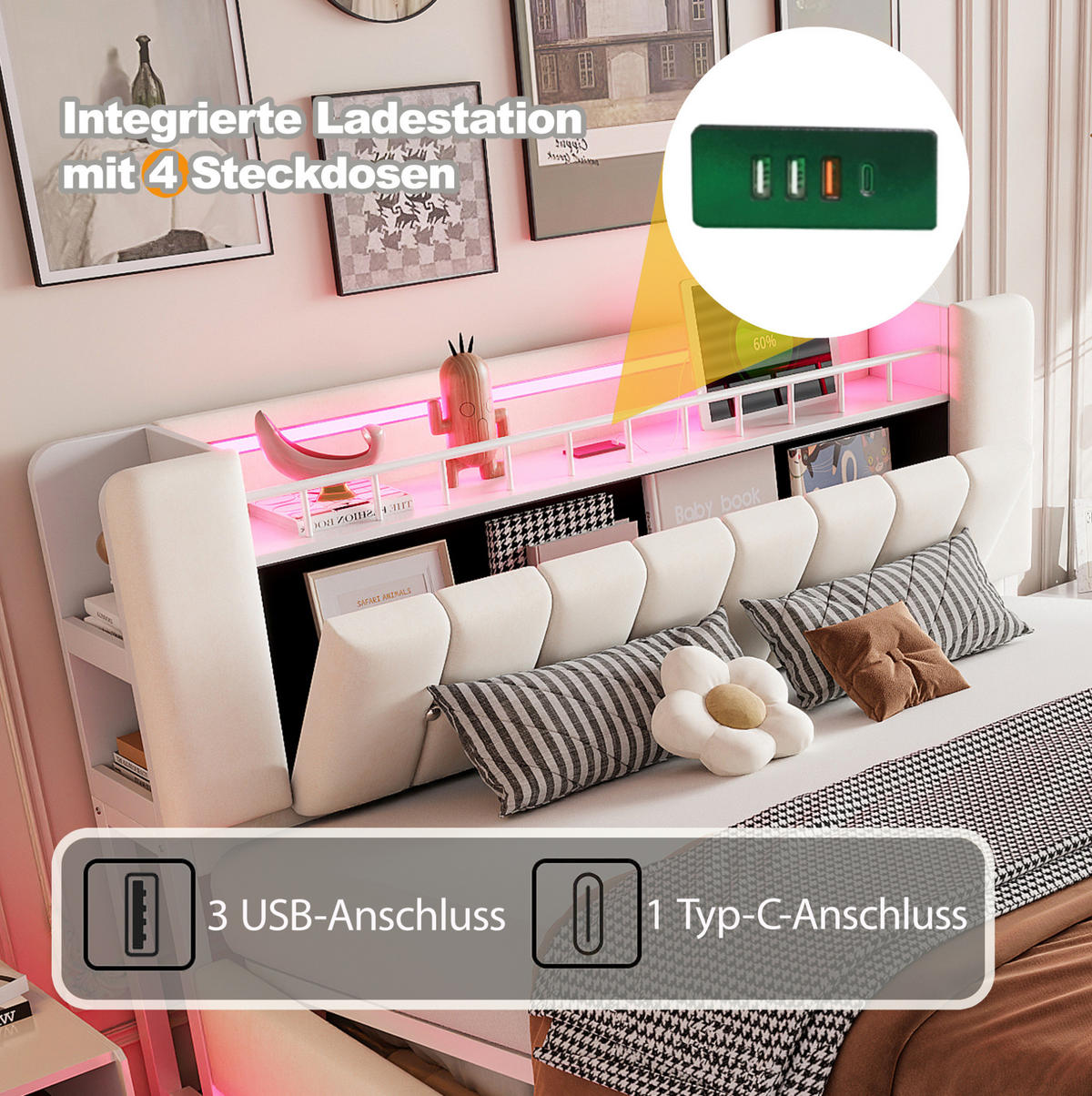 POLSTERBETT mit LED, USB und Stauraum 180x200 cm Samt Beige - Beige, Metall (180/200cm) - Meubliv