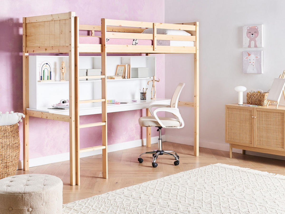 HOCHBETT MIT SCHREIBTISCH 90x200 cm Heller Holzfarbton Foucamont - Hellbraun, Holz (90/200cm) - Beliani