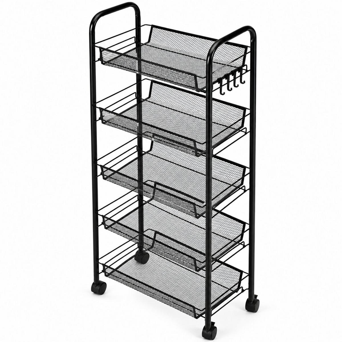 ROLLWAGEN Metall, 5 Ablagekörbe, 103 cm, Schwarz, mit Haken - Schwarz, Metall (45/103/26cm) - Mat-Haus