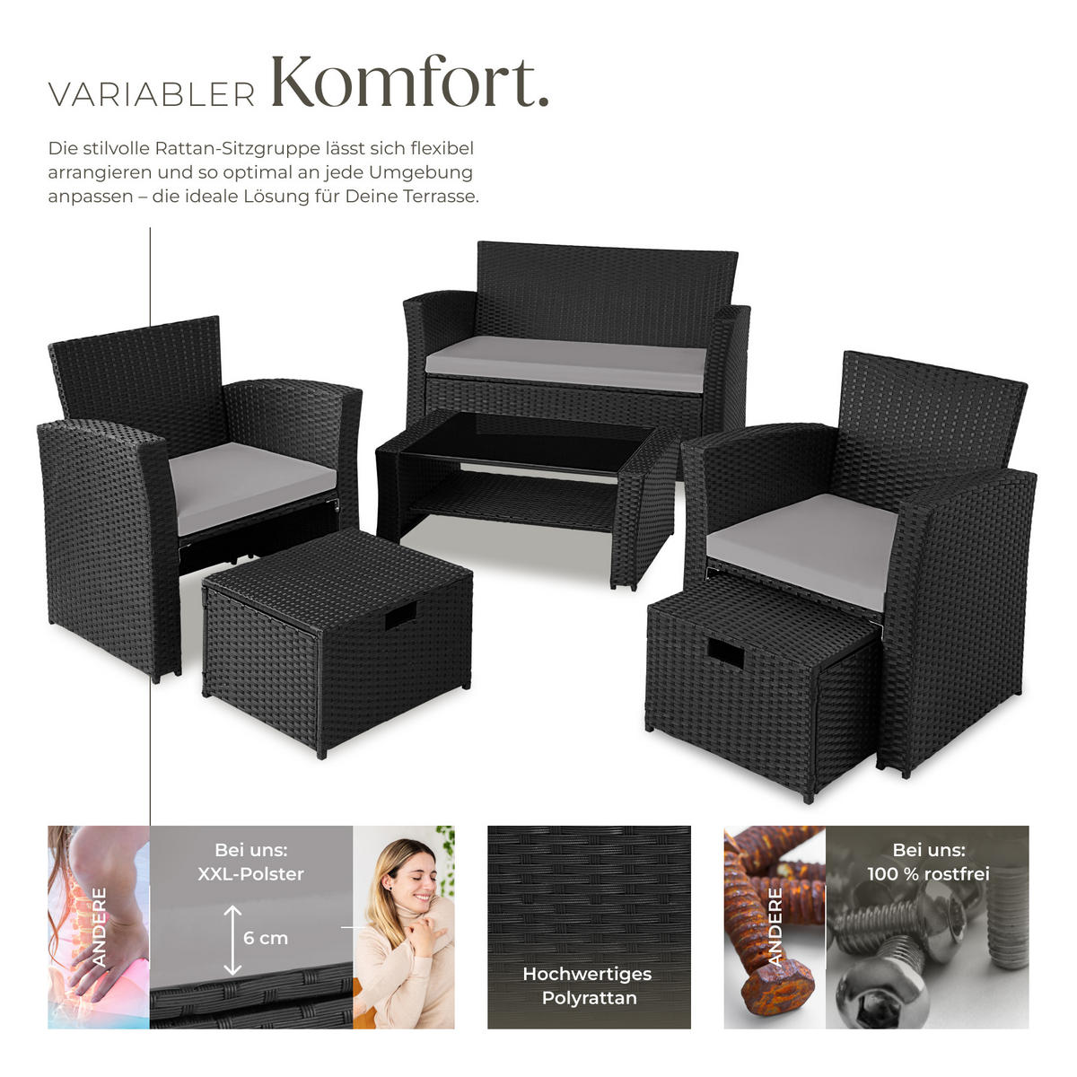 RATTAN SITZGRUPPE Modena,inklusive Staufach und Schutzhülle,schwarz/grau - Schwarz/Grau, Kunststoff - tectake