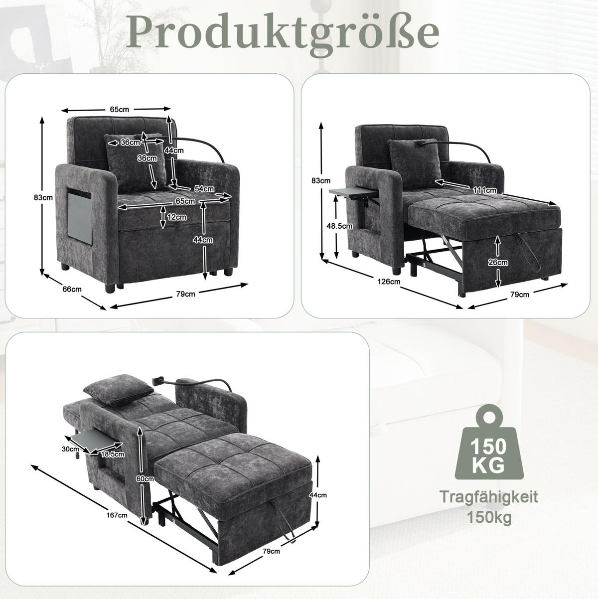 SCHLAFSESSEL 167/79/83 cm dunkelgrau aus Chenille mit Stauraum - Dunkelgrau, Textil (79/83/167cm) - OKWISH