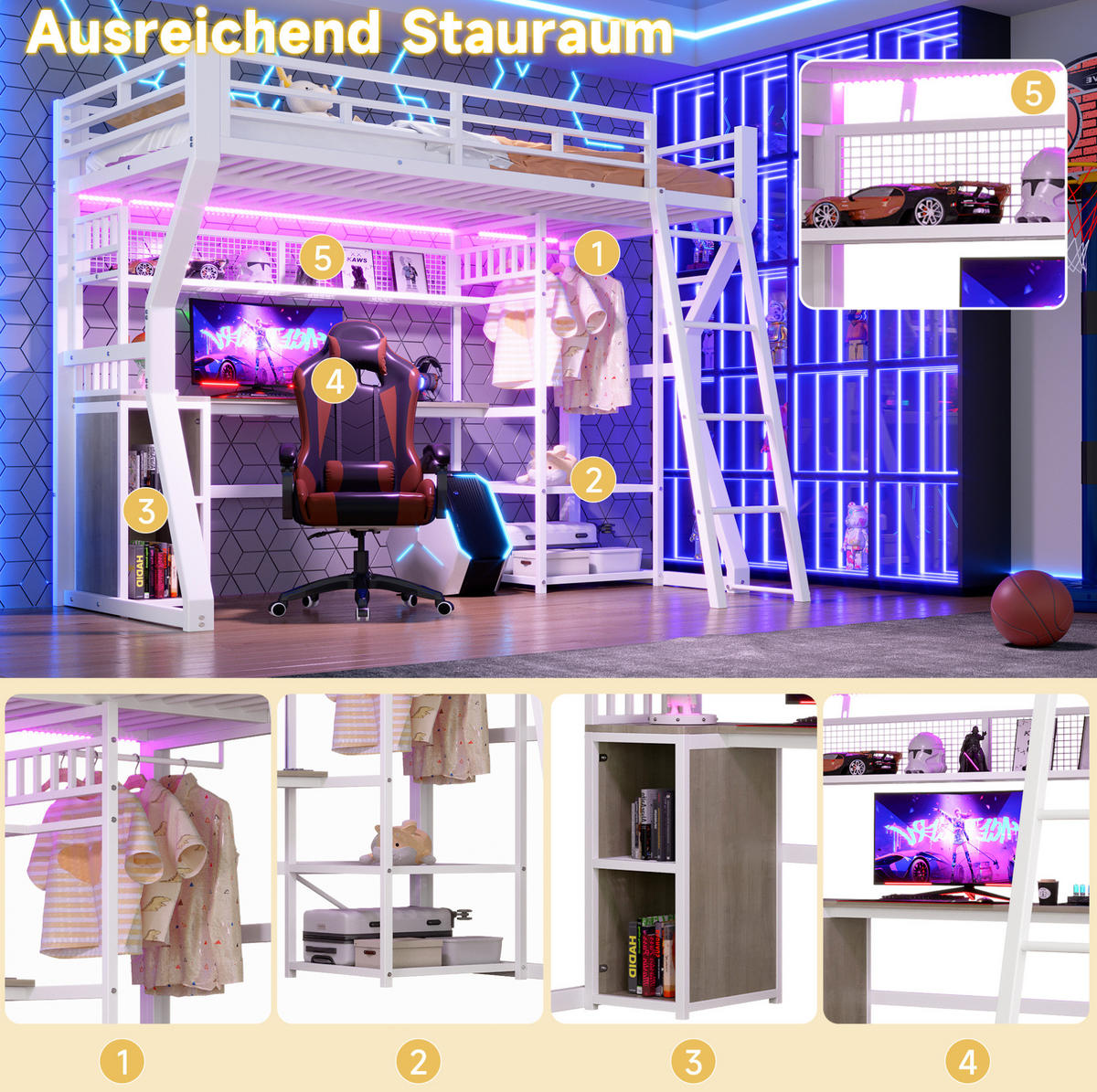 HOCHBETT 90/200 cm aus Metall und MDF mit Lichtleiste, Weiß - Weiß, Holzwerkstoff (90/200cm) - OKMYHOME