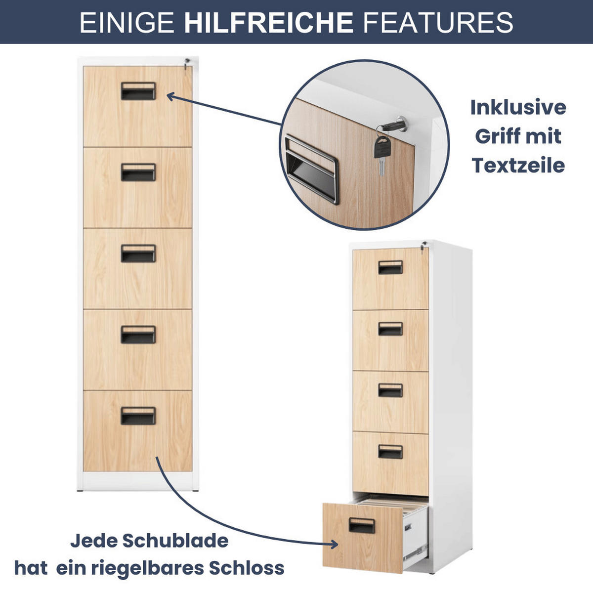 HÄNGEREGISTERSCHRANK abschließbar TION 5 Schubladen 163x46x62cm Weiß-Sonoma Eiche - Weiß, Metall (46/163/62cm) - DELUKE