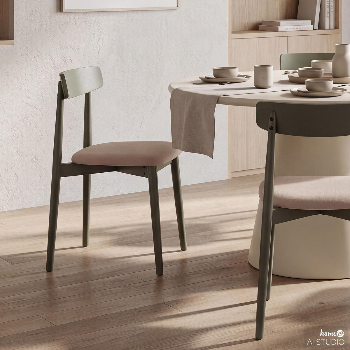ESSZIMMERSTUHL - 2er-Set - Eiche massiv / Webstoff - Beige/Olivgrün, Holz/Textil (47/78/51cm) - home24