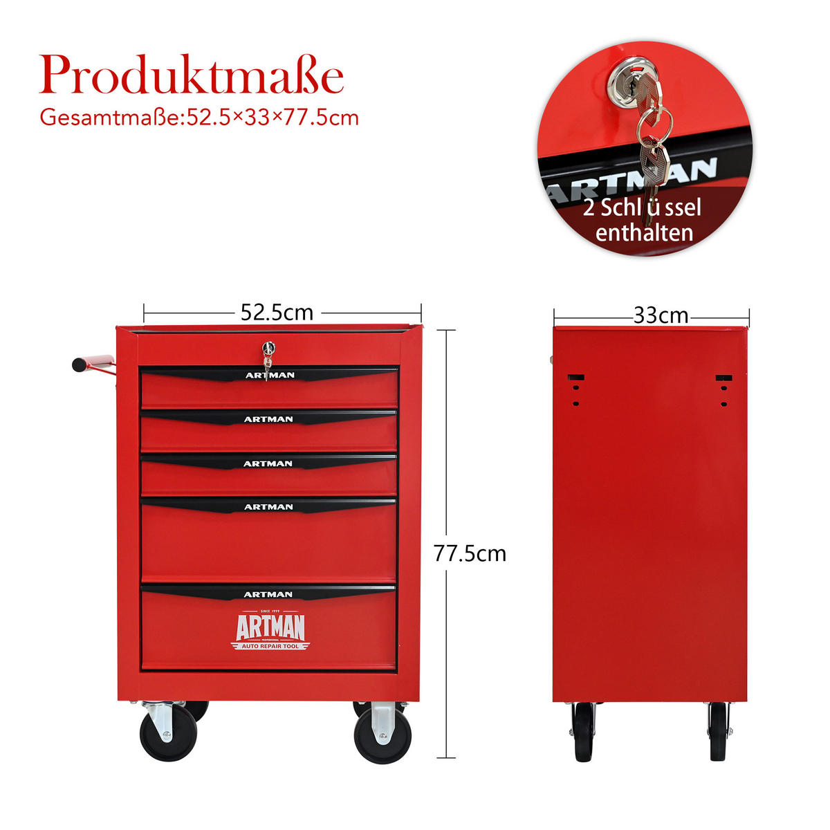 KOMBINATIONSKOFFER – 5 Schubladen, 508 mm (20 Zoll), mit 5 Schubladen; Farbgebung in Rot und Schwarz. - Multicolor, Metall (33/77.5/60cm) - DCA