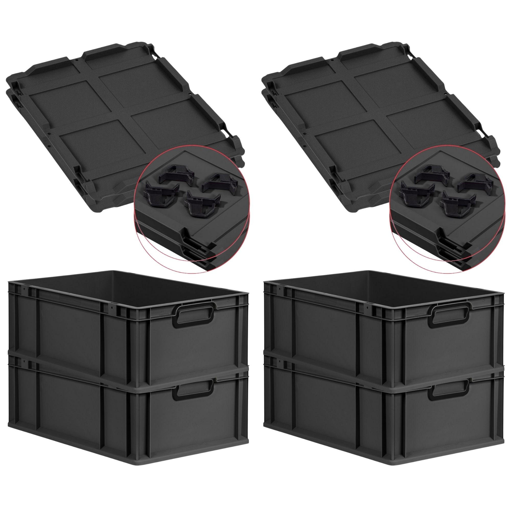 EUROBOX 4x NextGen Color mit Auflagedeckel 22x40x60 cm 44 Liter Schwarz Griffe schwarz zu - Anthrazit/Schwarz, Kunststoff (40/22/60cm) - PROREGAL