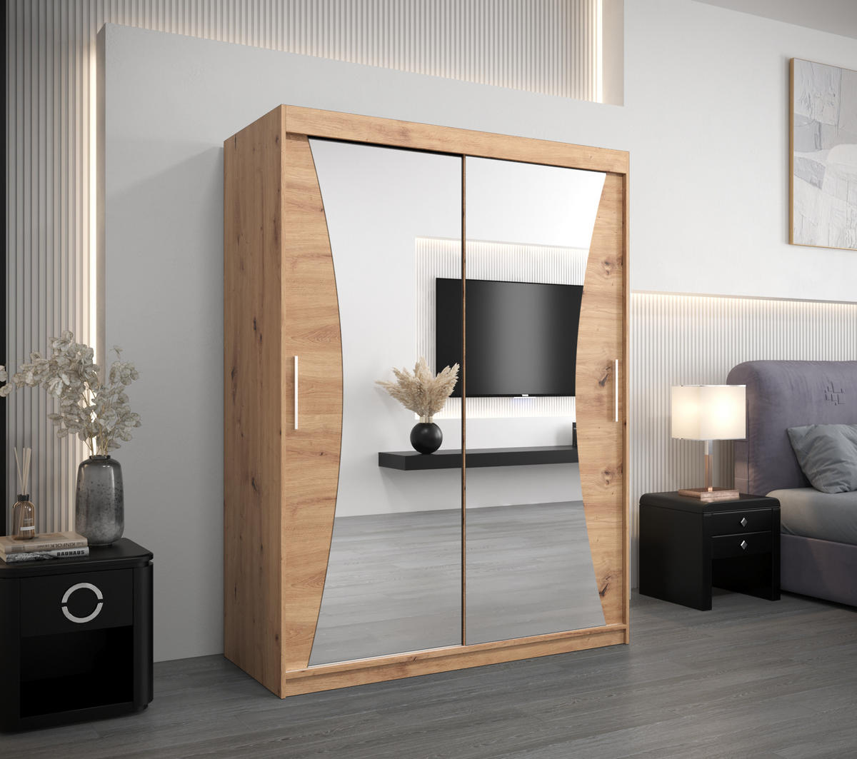 SCHWEBETÜRENSCHRANK 200/150/62 2-türig - Silberfarben/Eiche Artisan, Holz/Kunststoff (150/200/62cm) - Abiks Möbel