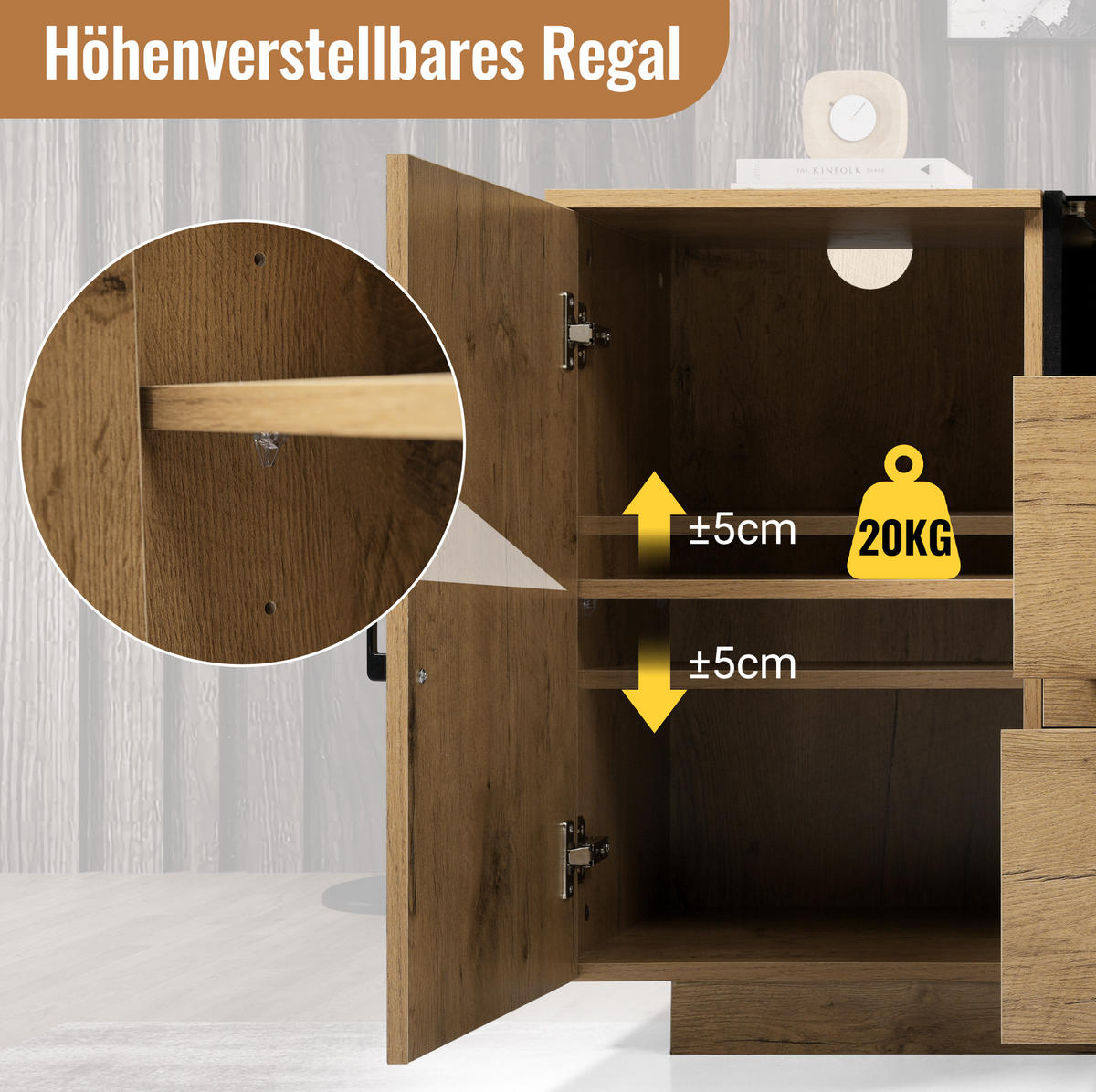 SIDEBOARD 140/70/40 cm Eiche aus Holz, Glas und Metall mit verstellbaren Einlegeböden - Eichefarben, Glas (40/70/140cm) - OKMYHOME