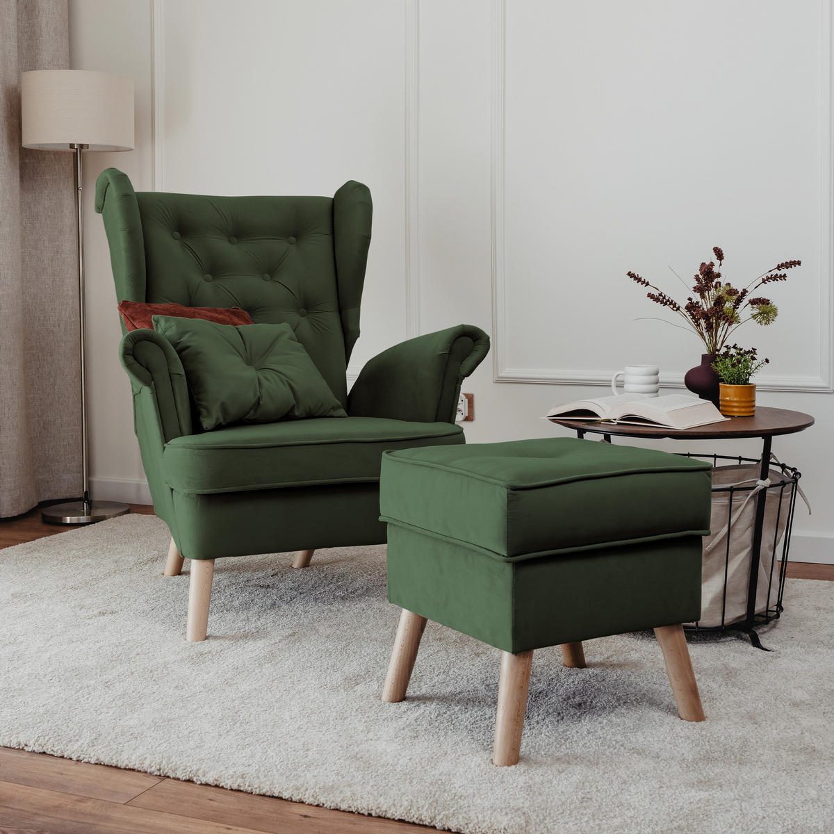 SESSEL mit Fußhocker Classic - Grün, Holz (92/107/80cm) - Idohome