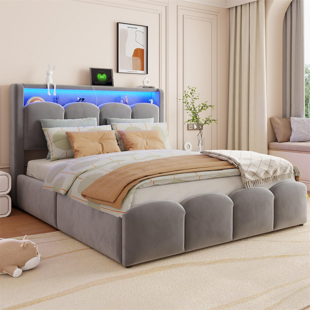 POLSTERBETT 140x200 cm mit KopfteilStauraum & hydraulischem Stauraum - USB und Type-C & LED - Grau - Grau, Textil (140/200cm) - DELFA
