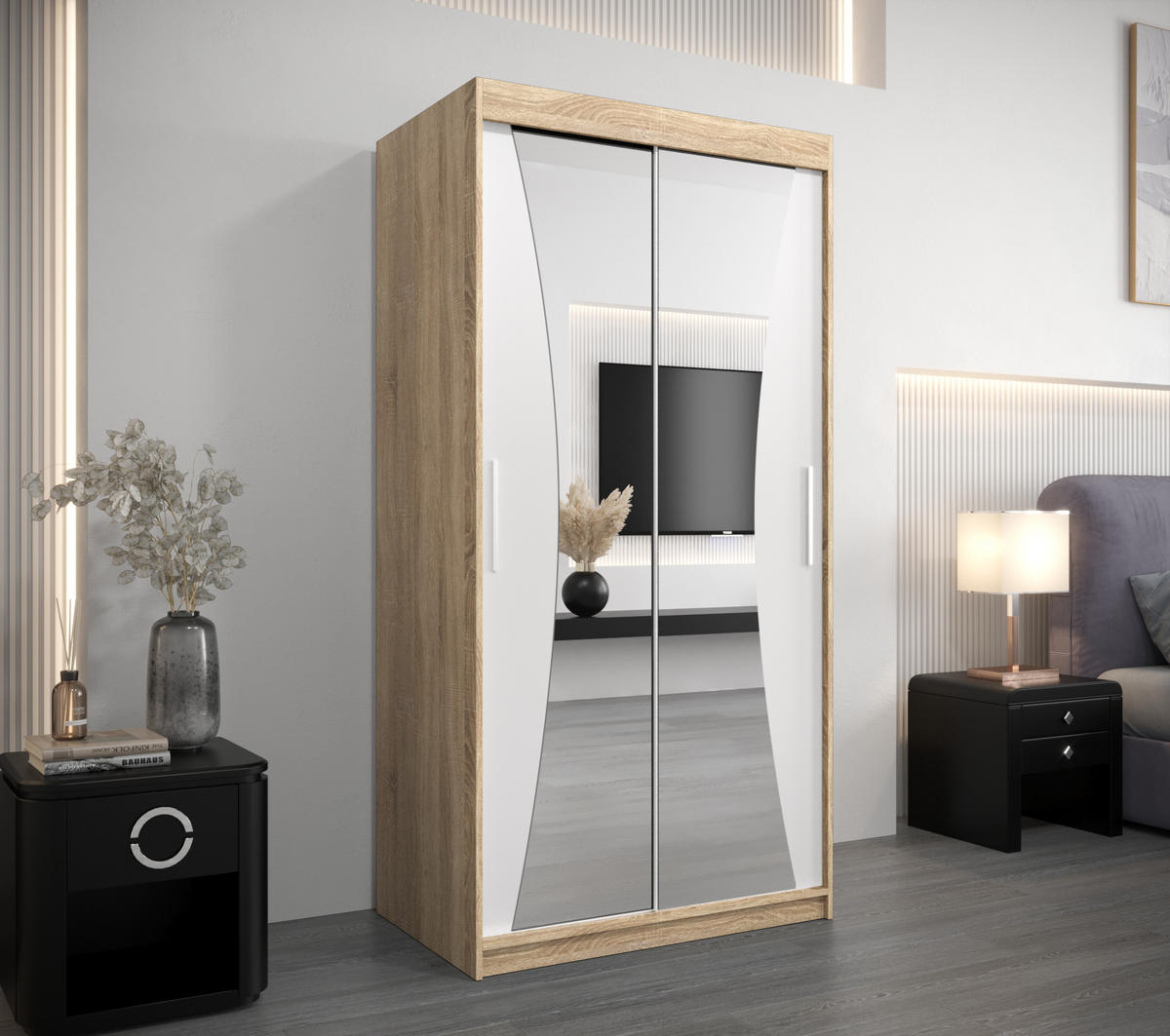 SCHWEBETÜRENSCHRANK 200/100/62 2-türig - Silberfarben/Weiß, Holz/Kunststoff (100/200/62cm) - Abiks Möbel
