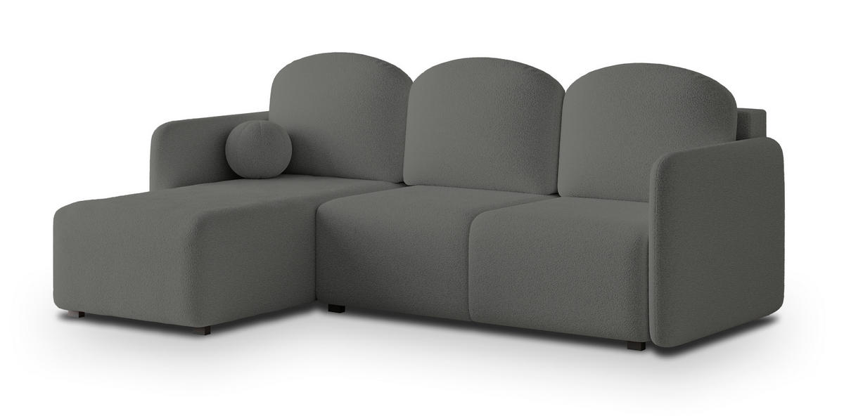 ECKSOFA SUVINO Grau Boucle-Stoff mit Schlaffunktion - Grau, Holz (230/143cm) - MASSENO
