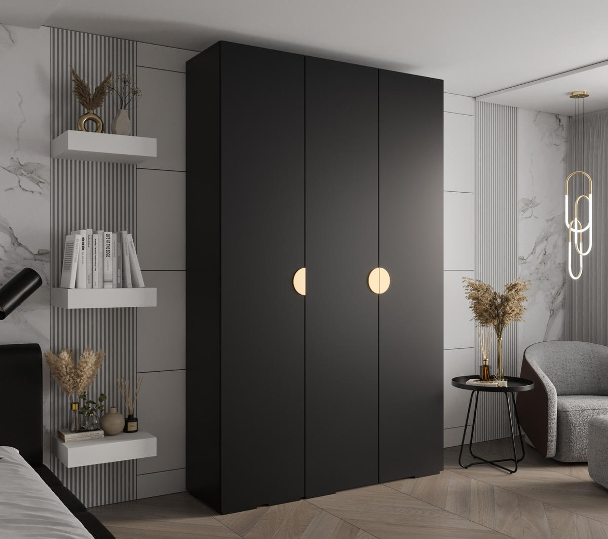 DREHTÜRENSCHRANK 236.7/150/47 3-türig - Goldfarben/Schwarz, Holz/Metall (150/236.7/47cm) - Abiks Möbel