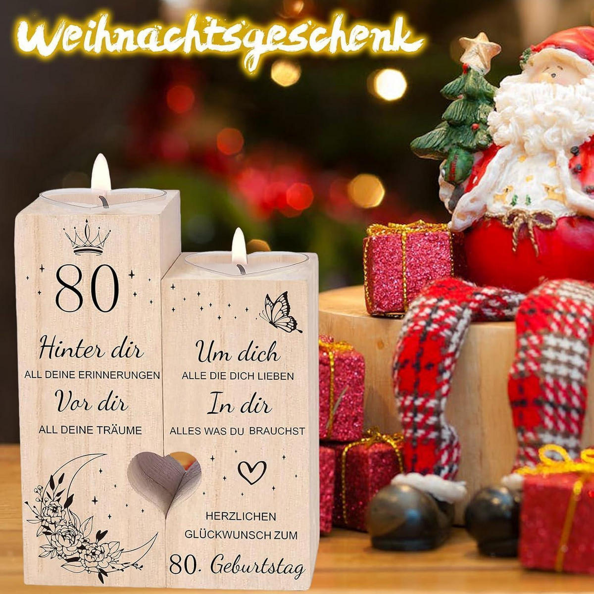 KERZENSTÄNDER 80. Geburtstag Holz Herzförmig - Braun, Holz (5/13/10cm)