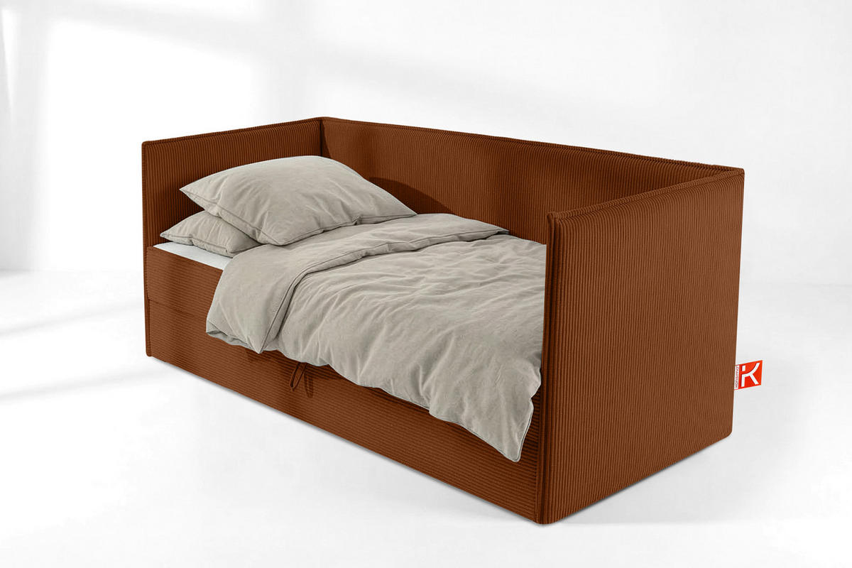JUGENDBETT ROTI Einzelbett mit Bettkasten, 90x200cm, Bett mit Bonellmatratze, mit Rückenlehne - Rot/Schwarz, Holz/Holzwerkstoff (92/200cm) - KONSIMO®