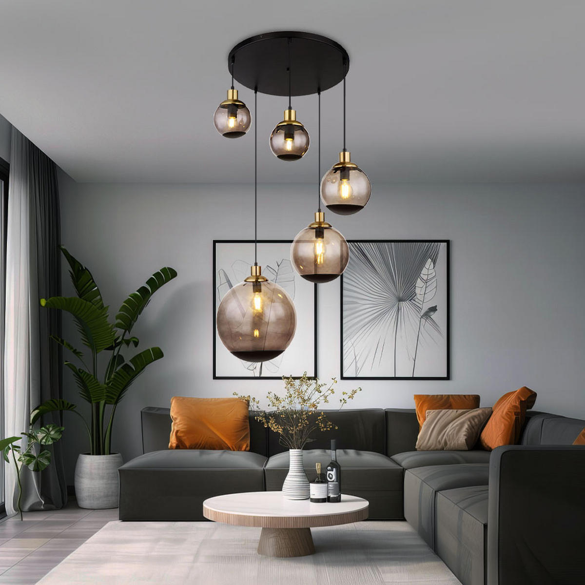 HÄNGELEUCHTE Metall Schwarz 5-Flammig - Schwarz, Glas (65/65/150cm) - Globo Lighting