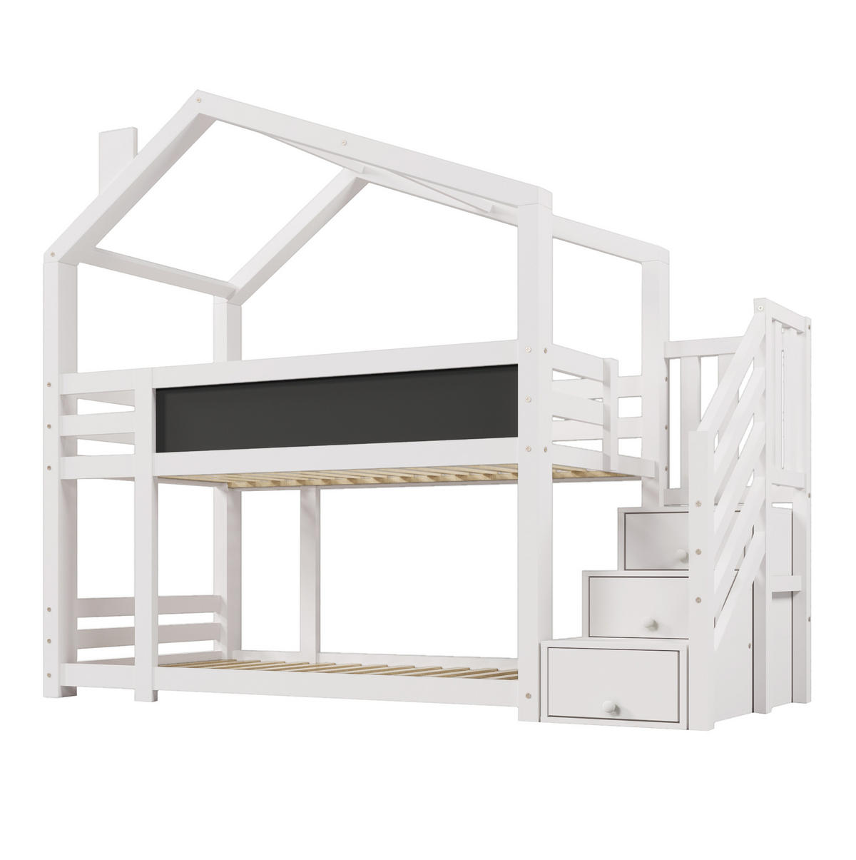 ETAGENBETT 90/200 cm mit Stauraumtreppe, Tafel und Rausfallschutz, Weiß - Weiß, Holzwerkstoff (90/90cm) - Redom