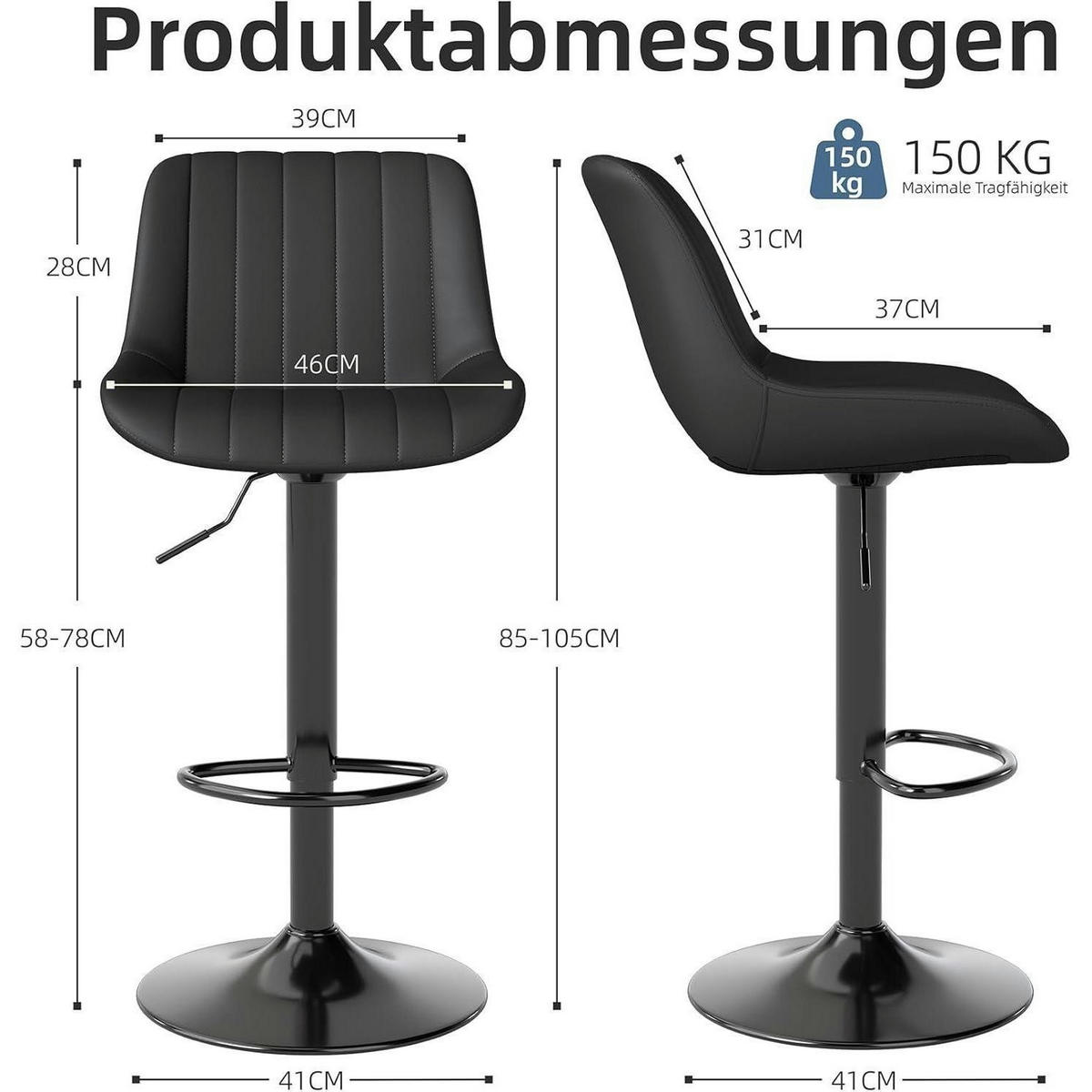 BARHOCKER 2er Set drehbar höhenverstellbar PU-Leder Schwarz - Schwarz, Kunststoff (46/109/37cm)