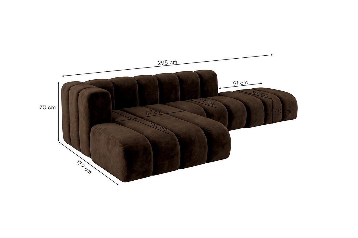 SEDACÍ SOUPRAVA Modulární Ve Tvaru L S Taburetem, Sametová Látka Riviera, Čokoládová, Levá, GRAND Mini - hnědá, dřevo (295/179cm) - Kaiser Möbel